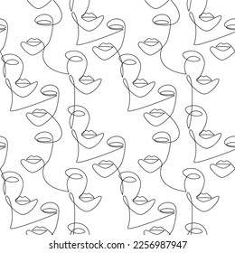 La mujer de contorno se enfrenta a un patrón ininterrumpido. Vector continuo de dibujo de línea. Retrato femenino abstracto. Ilustración de moda. Papel de escritorio, fondo, tela, impresión, papel envolvente, tarjeta, pancarta, afiche.