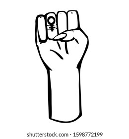 Outline Woman fist raised up. Hand drawn vector stock, female fist, symbol of feminism. Doodle style. Isolated on white background. Space for text. Design for Feminist power and solidarity. Line art