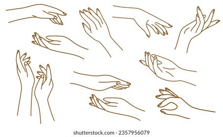 Outline woman hands. Contour women hands with various gestures in hand drawn doodle sketch style. Vector illustration