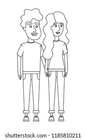 outline woman and man couple with casual clothes
