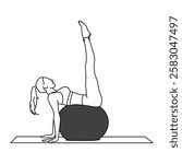 Outline woman pilates with big ball. Crunch with Gym Ball, legs raised, vector illustration