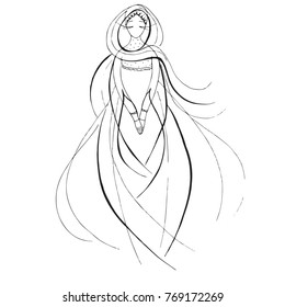 Outline Woman in the wedding dress on the round background, Muslim woman in the wedding dress