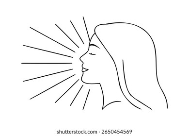 Outline a woman's face with closed eyes radiating lines on Single profile