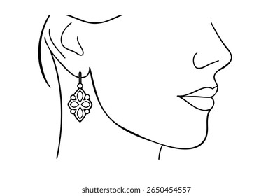 Outline a woman's profile wearing a single ornate earring on face jewelry
