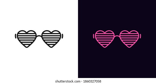 Outline women glasses icon with editable stroke. Linear sunglasses with heart shapes, vivid eyewear. Fashion glasses, goggles with shutter, eye mask, party accessory. Vector icon, sign, symbol for UI