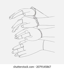 Outline women hands with jewelry. Bracelets and rings on female hands. Gold Jewelry and luxury accessories on white background close up. High Fashion art concept