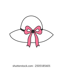 Outline Women Hat with Pink Ribbon. Hand drawn girlie headwear accessory with tied knot. Isolated vector illustration