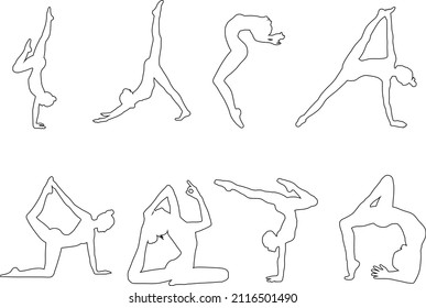 Outline of women in a sports pose. 8 pos. Yoga, fitness, sports.