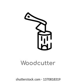outline woodcutter vector icon. isolated black simple line element illustration from autumn concept. editable vector stroke woodcutter icon on white background