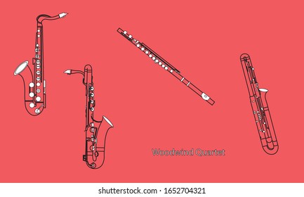 Outline woodwind quartet as saxophones, bassoon and flute isolated on red background. Musical instrument for template or art school dictionary illustration