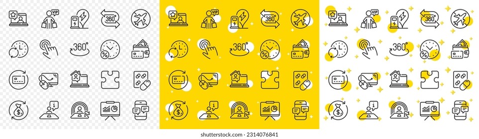 Outline Work home, 360 degree and Cursor line icons pack for web with Airplane mode, Online rating, Change money line icon. Vip shopping, Renew card, Puzzle pictogram icon. Vector
