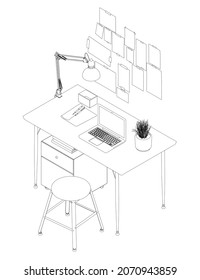 The outline of the workplace with a laptop, a lamp and a pot of flowers. Isometric view. Vector illustration