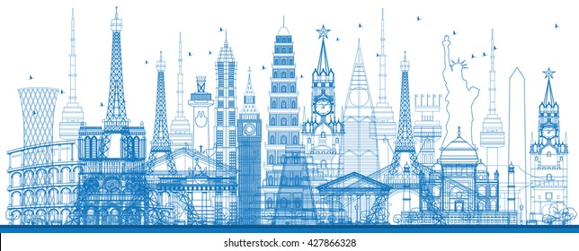 Outline world famous landmarks. Vector illustration. Business travel and tourism concept. Image for presentation, banner, placard and web site