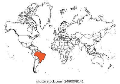 The outline of the world map with the borders of the countries. Map of the Brazil