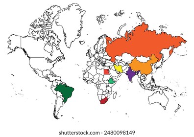 The outline of the world map with the borders of the countries. Map of the BRICS countries