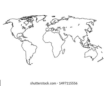 Outline World Map. Graphic Sketch Doodle Style. Vector Line Art