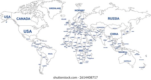 Outline World Map with Major Country Labels	
