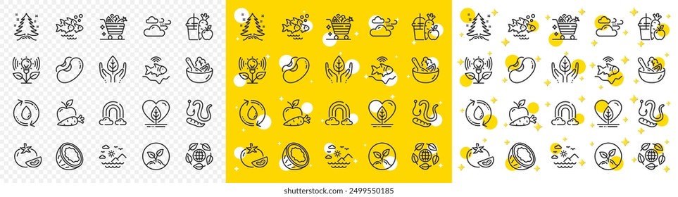 Outline Worms, Eco organic and Apple carrot line icons pack for web with Sea mountains, Refill water, Vegetables cart line icon. Local grown, Fair trade, Coconut pictogram icon. Tomato. Vector