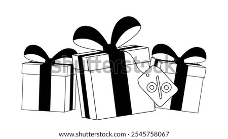 Outline wrap giftbox vector, black and white gift box, holiday, present, christmas, black friday, surpirse giftbox, outline giftbox with discount tag