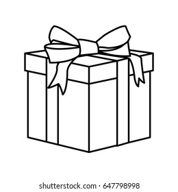outline wrapped gift box decorated with big ribbon bow. vector illustration isolated