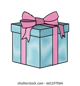 outline wrapped gift box decorated with big ribbon bow. vector illustration isolated