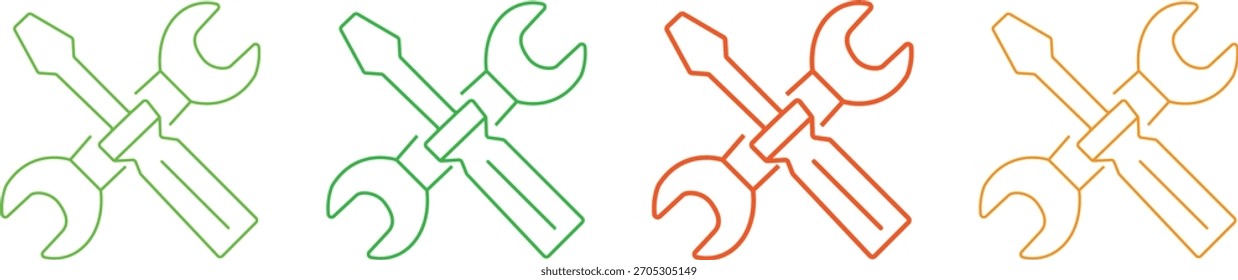 Juego de iconos de herramientas de llave de contorno y destornillador
