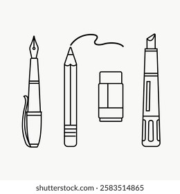 Outline of writing tools: pen, pencil, eraser, marker. Simple design of pen, pencil, eraser, marker. Minimalist art of pen, pencil, eraser, marker. Line art illustration vector.