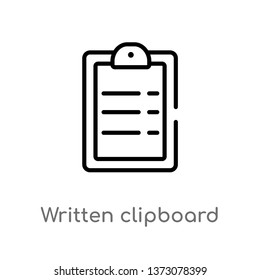 outline written clipboard vector icon. isolated black simple line element illustration from education concept. editable vector stroke written clipboard icon on white background