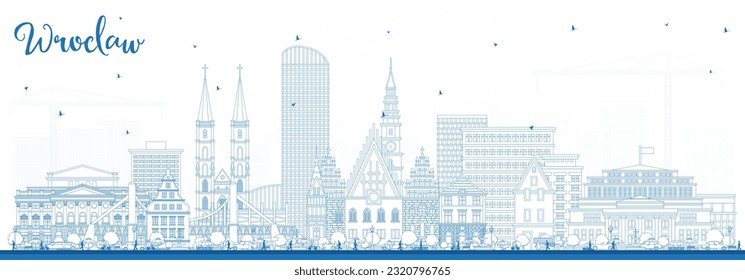 Outline Wroclaw Poland City Skyline with Blue Buildings. Vector Illustration. Wroclaw Cityscape with Landmarks. Business Travel and Tourism Concept with Historic Architecture.