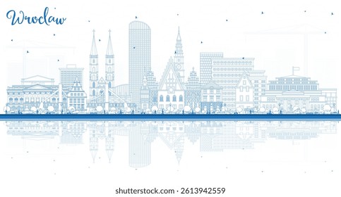 Outline Wroclaw Poland City Skyline with Blue Buildings and reflections. Vector Illustration. Wroclaw Cityscape with Landmarks. Business Travel and Tourism Concept with Historic Architecture.