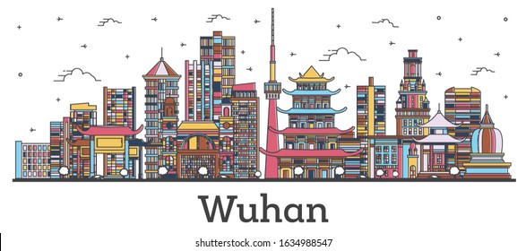 Outline Wuhan China City Skyline with Color Buildings Isolated on White. Vector Illustration. Wuhan Cityscape with Landmarks.