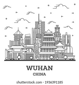 Outline Wuhan China City Skyline with Modern Buildings Isolated on White. Vector Illustration. Wuhan Cityscape with Landmarks.