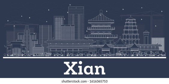 Outline Xian China City Skyline with White Buildings. Vector Illustration. Business Travel and Tourism Concept with Modern Architecture. Xian Cityscape with Landmarks.