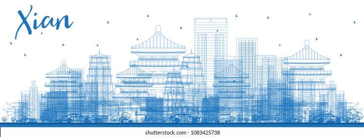Outline Xian City Skyline with Blue Buildings. Vector Illustration. Business Travel and Tourism Concept with Historic Architecture. Xian China Cityscape with Landmarks.