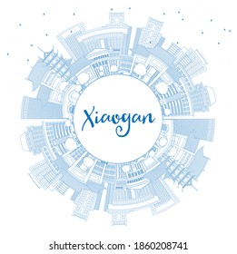 Outline Xiaogan China City Skyline with Blue Buildings and Copy Space. Vector Illustration. Business Travel and Tourism Concept with Historic and Modern Architecture. Xiaogan Cityscape with Landmarks.