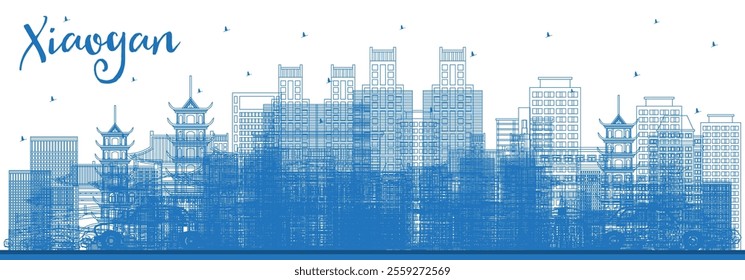 Outline Xiaogan China City Skyline with Blue Buildings. Vector Illustration. Business Travel and Tourism Concept with Historic and Modern Architecture. Xiaogan Cityscape with Landmarks.