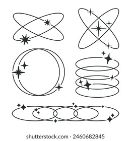 Outline y2k shapes. Abstract modern frames, minimalist figures with stars and sparkles, trendy y2k aesthetic shapes flat vector illustration set. Geometric design frames