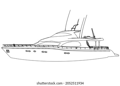 Outline of a yacht from black lines isolated on a white background. Side view. Vector illustration