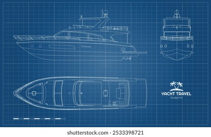 Desenho de iate em destaque. Vista lateral, frontal e superior do navio privado. Plano de contorno de barco moderno. Cruzeiro motorboat line art. Documento contorno. Ilustração vetorial