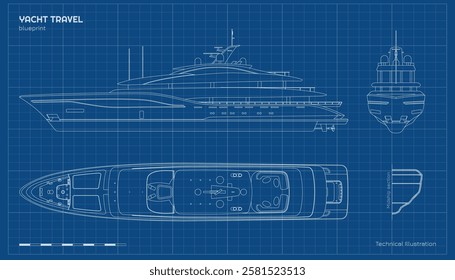 Outline yacht drawing. Side, front and top views of private ship. Luxury boat blueprint. Cruise motorboat industrial art. Line vessel. Vector illustration