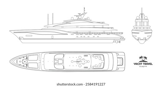 Outline yacht drawing. Side, front and top views of private ship. Luxury boat blueprint. Cruise motorboat industrial art. Line vessel. Vector illustration