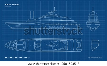 Outline yacht drawing. Side, front and top views of private ship. Luxury boat blueprint. Cruise motorboat industrial art. Line vessel. Vector illustration