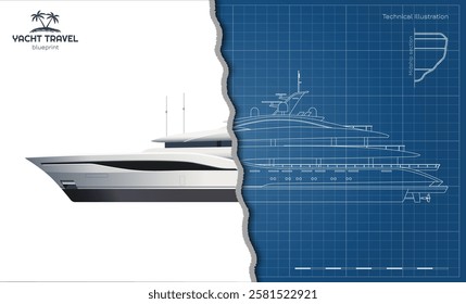 Outline yacht drawing. Side view of private ship. Luxury boat 3d blueprint. Cruise motorboat industrial art. Ocean sail. Vector illustration