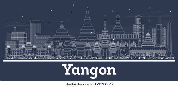 Outline Yangon Myanmar City Skyline with White Buildings. Vector Illustration. Business Travel and Tourism Concept with Modern Architecture. Yangon Cityscape with Landmarks.