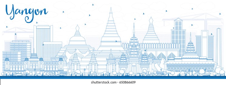 Outline Yangon Skyline with Blue Buildings. Vector Illustration. Business Travel and Tourism Concept with Historic Architecture. Image for Presentation Banner Placard and Web Site.