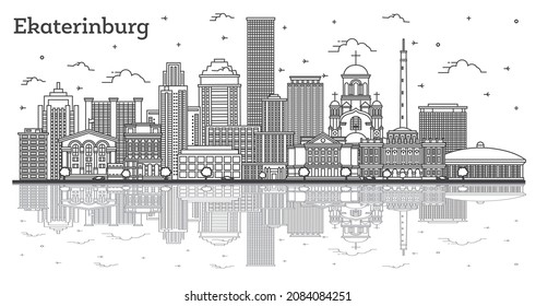 Outline Yekaterinburg Russia City Skyline with Modern Buildings and Reflections Isolated on White. Vector Illustration. Yekaterinburg Cityscape with Landmarks.