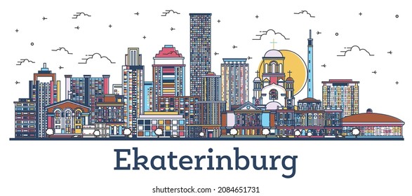 Outline Yekaterinburg Russia City Skyline with Color Buildings Isolated on White. Vector Illustration. Yekaterinburg Cityscape with Landmarks.