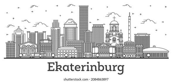 Outline Yekaterinburg Russia City Skyline with Modern Buildings Isolated on White. Vector Illustration. Yekaterinburg Cityscape with Landmarks.