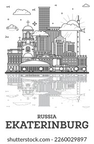 Outline Yekaterinburg Russia City Skyline with Modern Buildings and Reflections Isolated on White. Vector Illustration. Yekaterinburg Cityscape with Landmarks.