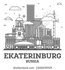 Outline Yekaterinburg Russia City Skyline with Modern Buildings Isolated on White. Vector Illustration. Yekaterinburg Cityscape with Landmarks.